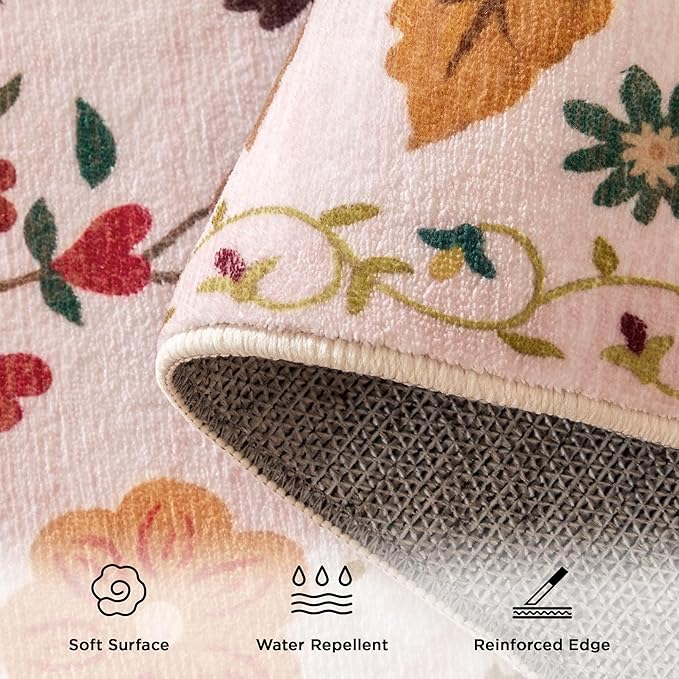 3x5 Area Rug, Floral Pink Washable Rug for Entryway, Non Slip Flower Area Rugs, Soft Low Pile Indoor Doormat Small Carpet, Rugs for Living Room Bedroom Nursery Kitchen Dining Room, Pink/Beige