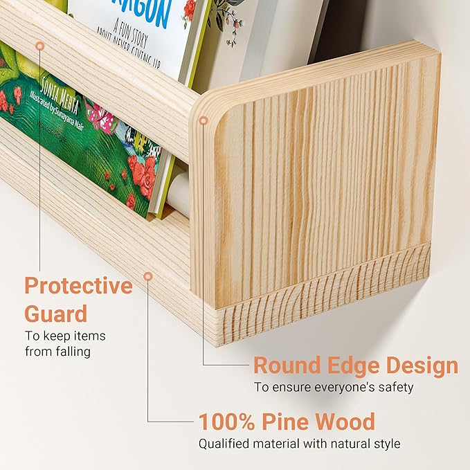 Heimlove 32 Inch Nursery Floating Shelves, Wood Nursery Book Shelves for Wall, Wall Bookshelf for Kids Solid Wood Wall Mounted Shelves for Books,Toys and Decor Storage, Set of 2