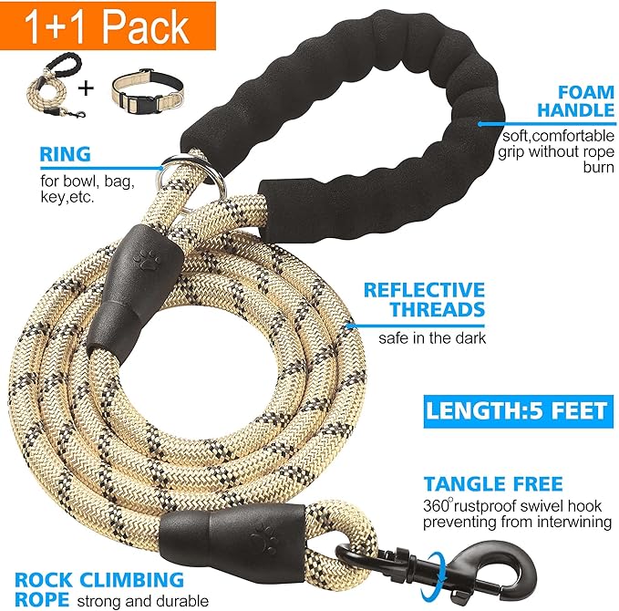 Reflective Dog Collar Padded with Soft Neoprene Breathable Adjustable Nylon Dog Collars for Small Medium Large Dogs (X-Small (Pack of 1), Vanilla Collar+Leash)