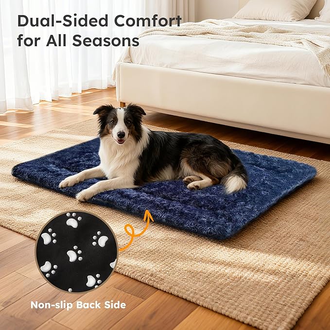 Dog Bed Mat, Dual-Sided Dog Crate Bed Mat - Ultra Soft & Machine Washable Kennel Pad for Large Dogs, All-Season Comfort Pet Bed for Crates, Travel, and Home, Dark Blue 35 x 23 Inch