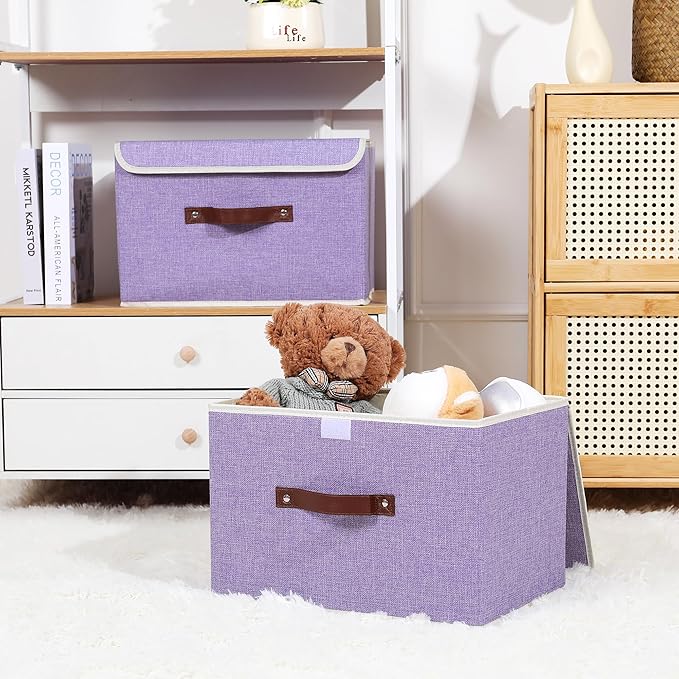 ANMINY 2PCS Storage Bins with Lid PU Leather Handles Storage Boxes PP Plastic Board Decorative Foldable Lidded Cotton Linen Fabric Home Cubes Baskets Closet Organizer Containers - Purple, Large Size