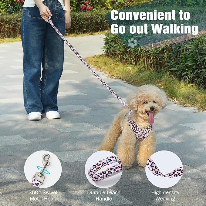 Pawaboo Small Dog Harness and Leash Set, Puppy Harness X-Frame No Pull No Choke, Dog Vest Harnesses Adjustable for Small Medium Sized Dogs,Soft Breathable Pet Harnesses for Walking, XS, Pink Leopard