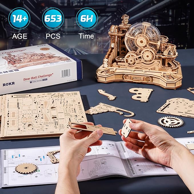 ROKR 3D Wooden Puzzles for Adults Miniature Marble Run Building Toys,DIY Pinball Machine Model Kits-Gear Ball Challenge EGC01