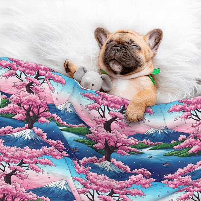 Two Sided Plush Pet Blanket for Warmth Comfort, Hokusai Japan Ink Cherry Flower Mount Fuji Painting, Reversible Throw with Cozy Nubby Side for Chilly Nights Napping Spots Around House