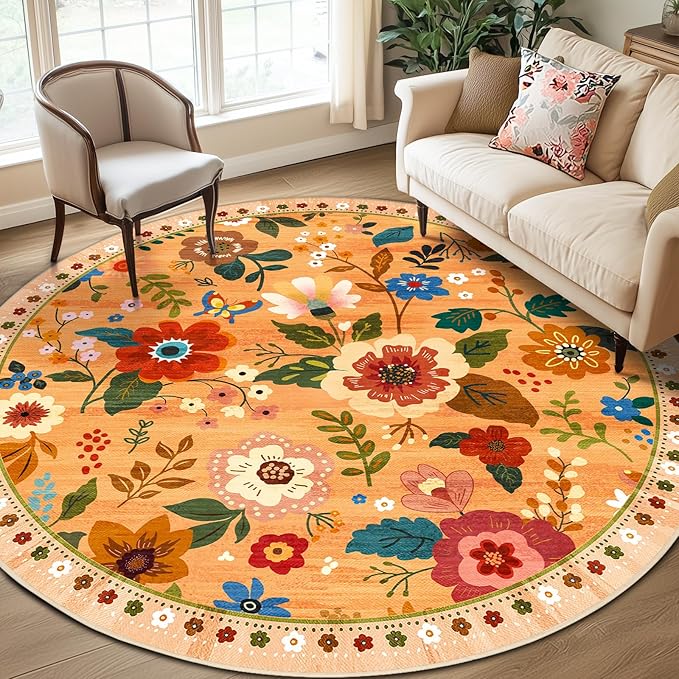 Floral 8ft Area Rug Machine Washable Soft Print Boho Carpet Non Slip Doormat Low Pile Flower Area Rugs for Living Room Bedroom Nursery Kitchen Dining Room Indoor-Yellow/Orange