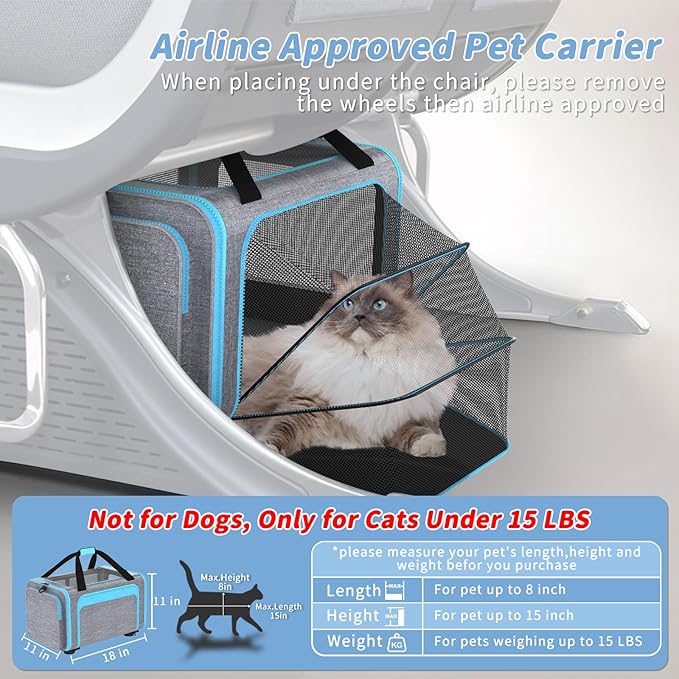 Pet Carrier with Detachable Wheels, TSA Airline Approved Rolling Cat Carrier for Small Dogs and Cats up to 15Lbs, Sturdy Frame & Smooth 360° Wheels for Travel & Vet - 18" L x 11" W x 11"