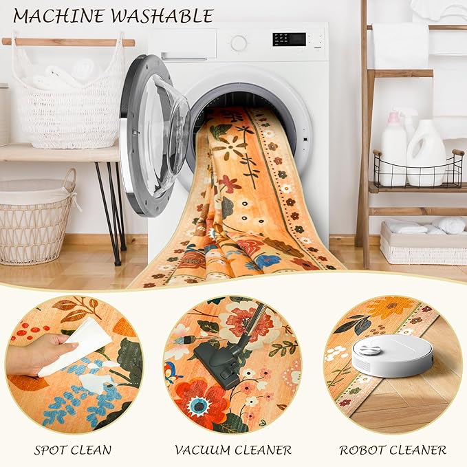 Floral 2x8 Area Rug Machine Washable Soft Print Boho Carpet Non Slip Doormat Low Pile Flower Area Rugs for Living Room Bedroom Nursery Kitchen Dining Room Indoor-Yellow/Orange