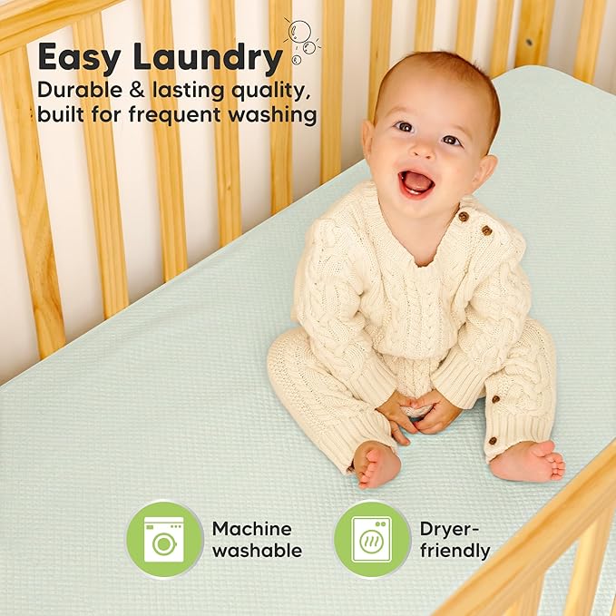 Waterproof Crib Mattress Protector Cover Fitted - 2-Pack Quiet Baby Crib Mattress Pad Sheets, 52" x 28" Soft Quilted Cotton Baby Sheet, Machine Washable, Easy Fit, Durable (Soft Fern/Quin)