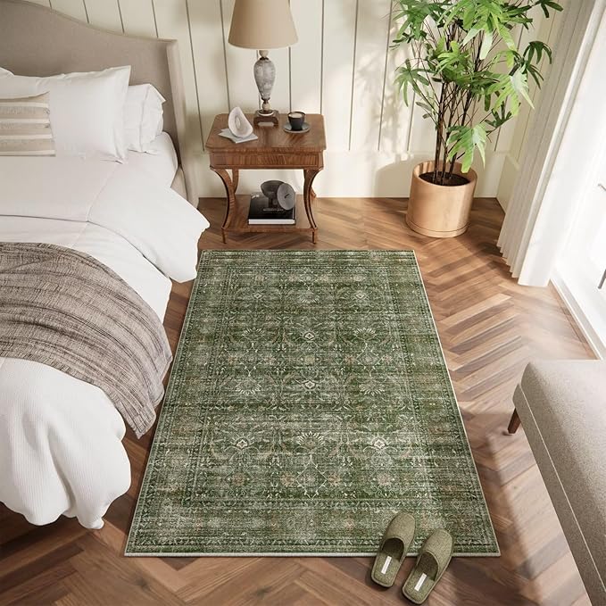 Washable 3x5 Entryway Rug Indoor, Boho Non-Slip Silicone Backing Small Rugs for Kitchen Nursery Office Bedroom, 0.3" Neutral Oriental Throw Carpet with 0.16" Cushioning Pad, Grass Green/Multi