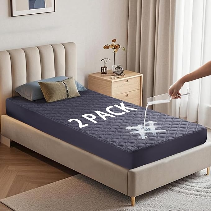 2 Pack Waterproof Mattress Protector, Twin XL Size Mattress Pad with Deep Pocket 6"-15" Depth, Soft Breathable Dirt-Proof Single Bed Mattress Cover for Bedroom, Dorm Room (Navy Blue)