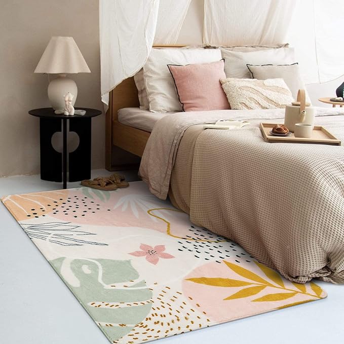 Lahome Pink Washable Living Room Area Rug - 3x5 Small Rugs for Bedroom Non-Slip Throw Soft Nursery Kids Room Low-Plie Boho Botanical Print Carpet for Kitchen Entryway Office Bath Laundry Dining Room