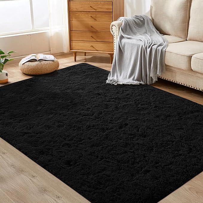 4x6 Area Rug for Living Room: Fluffy Shag Soft Washable Rugs Fuzzy Plush Indoor Carpet for Bedroom Nursery Playroom Dorm Kids Girls Boys Room (Black, 4'x6')