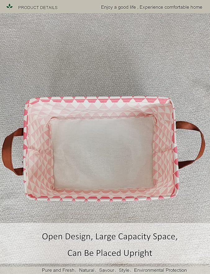 Rectangular Fabric Storage Box, Decorative Basket and Finishing Basket with Handle are Used for The Storage of Clothes, Books and Sundries(Pink Triangle) 1