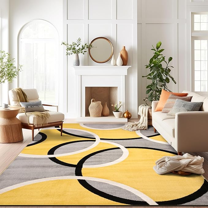 Rugshop Contemporary Abstract Circles Easy Maintenance for Home Office,Living Room,Bedroom,Kitchen Soft Area Rug 7'10" x 10'2" Yellow