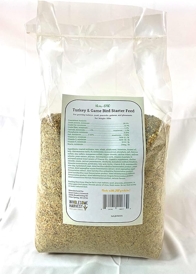 Non-GMO Turkey & Game Bird Starter Feed – 10 lb, 28% Protein, Omega-3, Calcium, Probiotics, Prebiotics & Herbs – Complete Nutrition and Quality Game Bird Feed