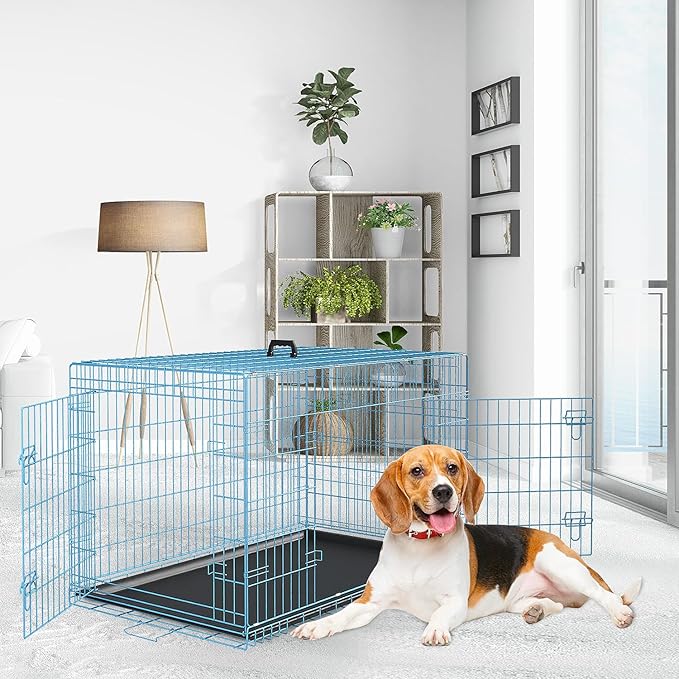 48 Inch Heavy Duty Dog Crate Double Door Folding Metal Dog Cage Dog Crates for Large Dogs Outdoor Indoor Includes Divider Panel and Leak-Proof Tray,Blue