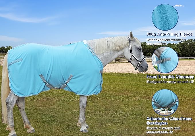 Horse Fleece Cooler, Blanket Liner - 300g Anti-Pilling Fleece, Moisture-Wicking, Cooling & Drying for Post-Workout, Bath & Travel, Prevent Overheating & Chilling Lightblue 78