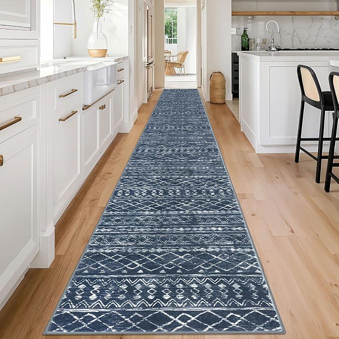 KUTA Moroccan Washable Runner Rug 2.6x18 Non-Slip Vintage Navy Blue Boho