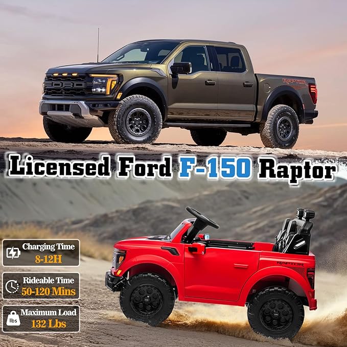 24V Ride on Car Licensed Ford F-150 Raptor, Kids Electric Car with Remote Control, LED Light/Music/MP3, Truck Bed Storage, 3-Point Seat Belt (24V, Red)