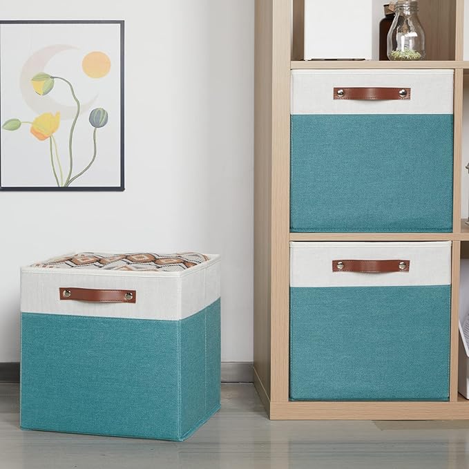 HNZIGE Fabric Storage Bins for Shelves 13x13 Storage Cubes Set Of 4 Foldable Storage Baskets with Handles for Organizing Cloth Closet Toy Nursery(Teal&White)