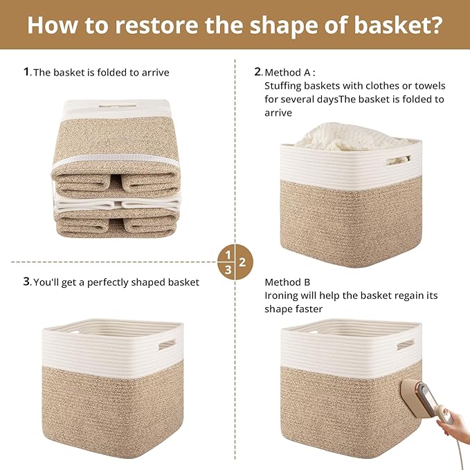 OIAHOMY 13 Kallax Inch Cube Storage Bins, 3-Pack Cotton Rope Woven Baskets for Organizing, Kallax Insert Storage Baskets for Shelves, Baby Nursery, Closet Organizer, 13*13*12.6IN, Brown & White