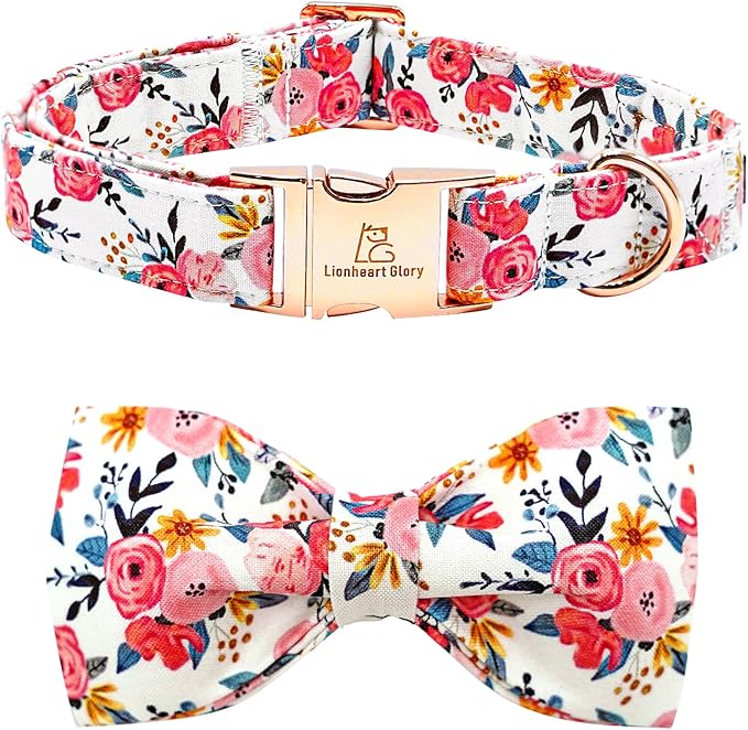Lionheart glory Dog Collar Bow Collar Floral Dog Collar with Bow Tie Spring Summer Cute Collar Dog Boy or Girl Dog Collars Soft Durable Adjustable Dog Collars for Medium Dogs