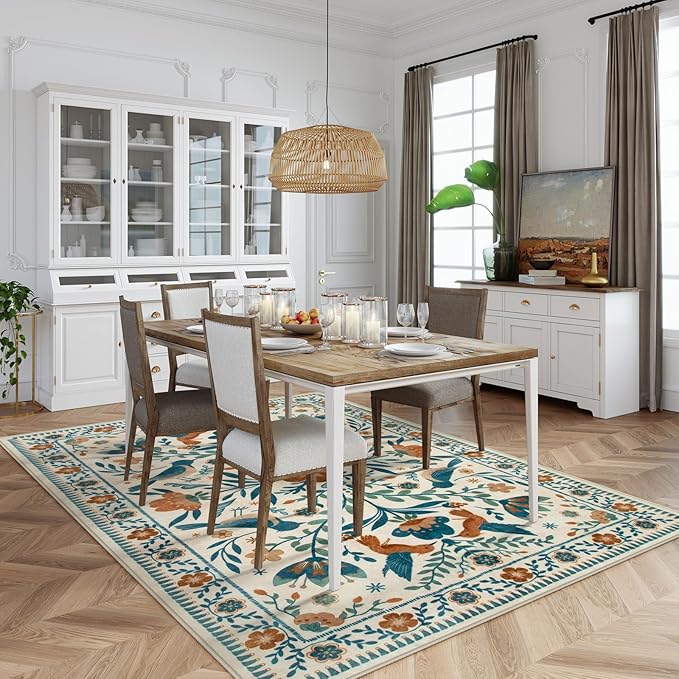 Moynesa Boho Birds Area Rug 5x7 Washable Rug, Floral Carpet for Living Room Low-Pile Soft Bedroom Rugs, Jungle Animal Beige Dining Room Rug Indoor Non-Slip Floor Carpet for Playroom