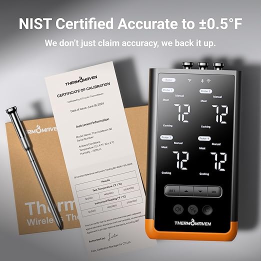 Wireless Bluetooth Smart Meat Thermometer: Standalone Base, WiFi Thermometer with Sub-1G, 6 Sensors NIST Certified Accuracy, 4 Probes, for Kitchen, BBQ, Grill, Oven, Smoker, Rotisserie
