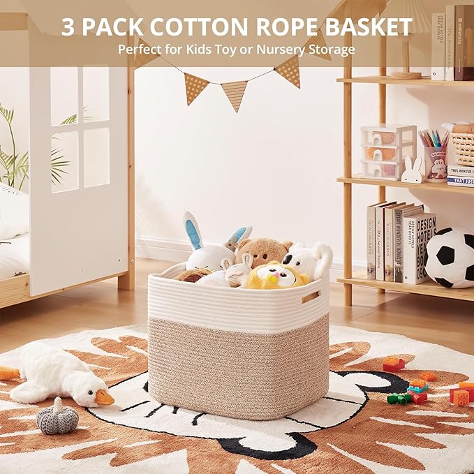 OIAHOMY 13 Kallax Inch Cube Storage Bins, 3-Pack Cotton Rope Woven Baskets for Organizing, Kallax Insert Storage Baskets for Shelves, Baby Nursery, Closet Organizer, 15*13*12.6IN, Brown & White