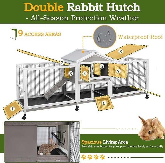 PetsCosset Double Rabbit Hutch Outdoor Indoor Large Bunny Cage with Dual Side Runs, 2-Story Wooden Hutch with 4 Leak Proof Trays, 8 Wheels, Waterproof Roof, Ramp, for Small to Medium Animals