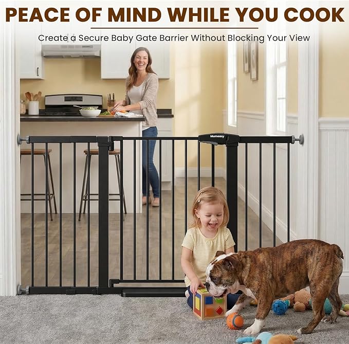 Mumeasy 29.7-57" Extra Wide Baby Gate for Doorways, Auto Close Dog Gate Indoor for Stairs, No-Drill Pressure Mounted Pet Gate with Door, Easy Walk Thru Long&Large Safety Gate for House, Outdoor, Black