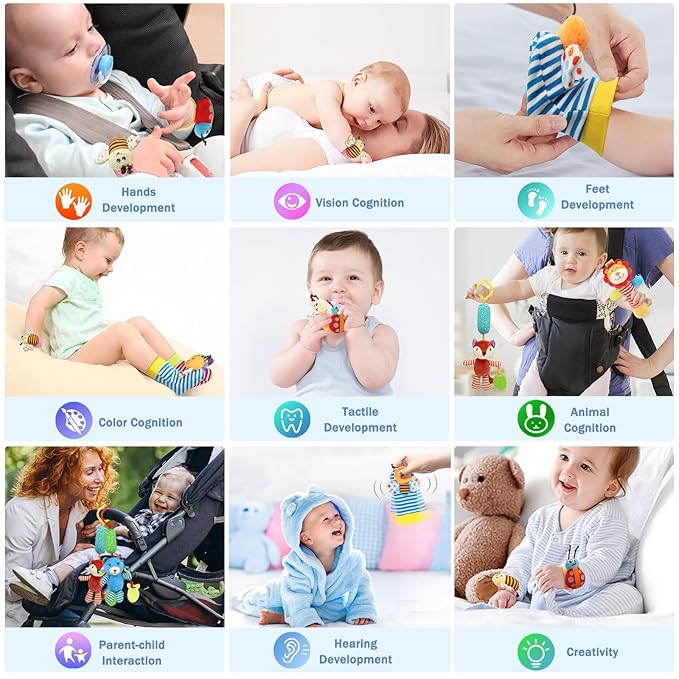 Baby Hanging Rattle, Wrist Rattles Foot Finder Rattle Sock, Hand and Feet Rattle Toy, Newborn Present Baby Shower Birthday Gift Set for0 3 6 9 12 24 to 36 Months Babies(12 E)