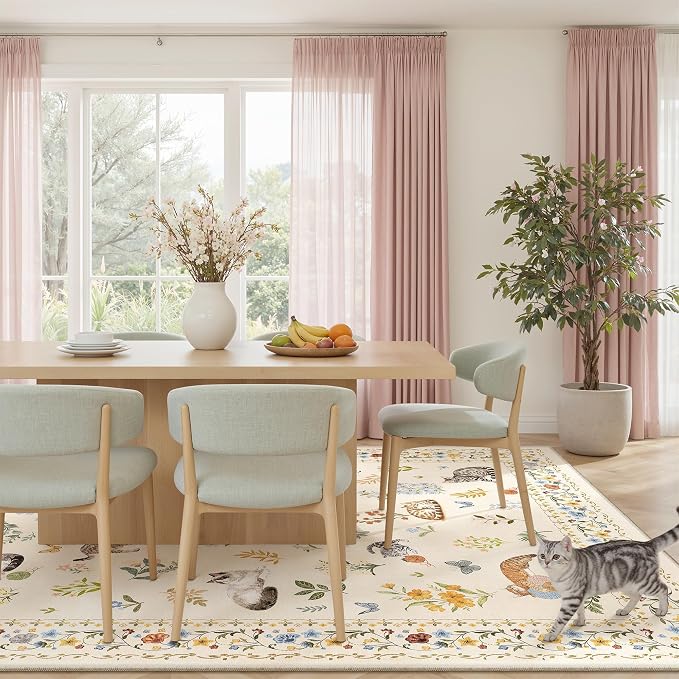 Soalmost Cat 9x12 Area Rugs for Living Room, Machine Washable Animal Floral