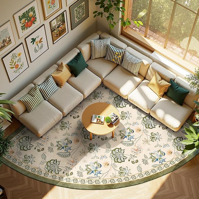 jinchan Floral Corner Rug for Living Room Washable Bedroom Rug Vintage Romance Design Non Slip Quarter Circle Lightweight Low-Pile Throw Carpet for Reading Nook Playroom,8ft Radius, Green/Beige