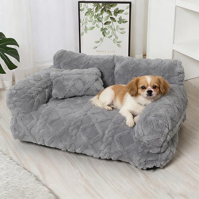 Plush Calming Pet Sofa Bed, Raised Rim, Removable Cover & Non-Slip Bottom for Cats & Dogs, Calming Dog Bed Fluffy Plush Dog Mat for Furniture Protector with Removable Washable Cover (Grey, Large)