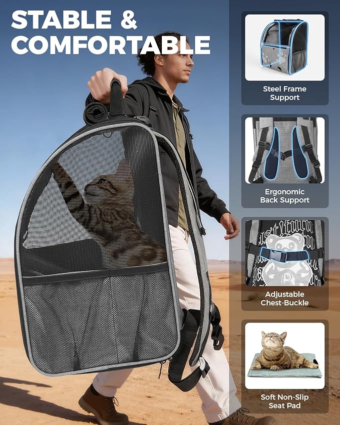 Cat Carrier Backpacks for Kitty Small Dog up to 15 lbs, Lightweight and Foldable Dog Backpack Carrier with Breathable mesh for Travel, Walking, Hiking, Camping and Vet (Grey)
