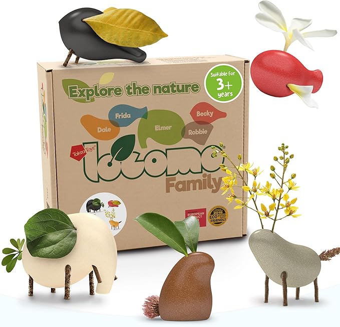Taksa Toys Locomo Family Multicolored Edition IV (Set of 5) - Wooden Animal Figures Open-Ended Educational Outdoor Play to Trigger Child’s Imagination and The Love of Nature. Montessori Waldorf Toys