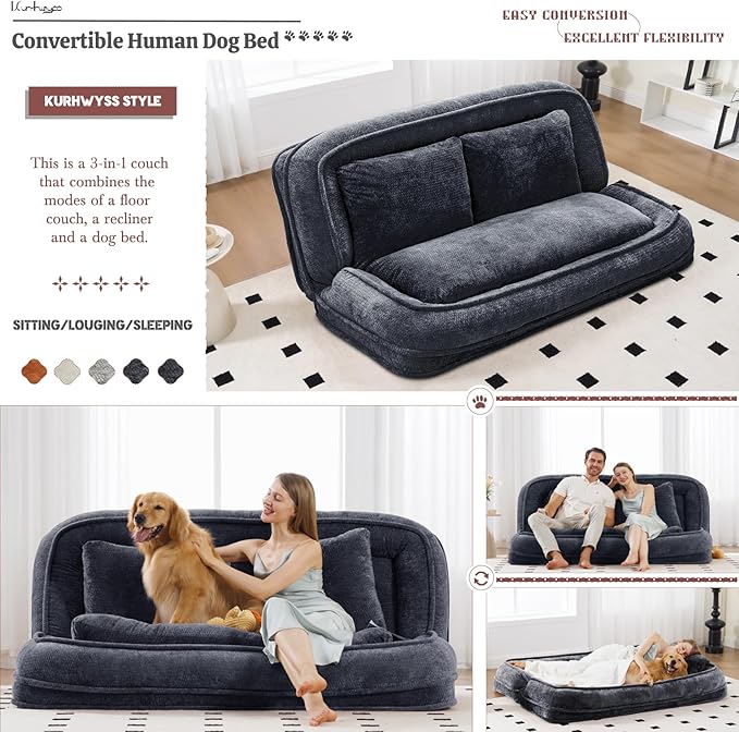 Extra Large Human Dog Bed for Adult & Pets, Convertible Floor Sofa Bed with 5 Adjustable Position, Lazy Couch Giant Bean Bag Lounge Chair Comfy Tatami with 3 Pillow for Bedroom Living Room (Dark Grey)