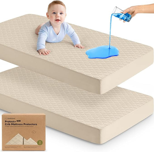 Waterproof Crib Mattress Protector Cover Fitted - 2-Pack Quiet Baby Crib Mattress Pad Sheets, 52" x 28" Soft Quilted Cotton Baby Sheet, Machine Washable, Easy Fit, Durable (Oat/Mavy)