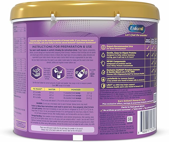 Enfamil Optimum Gentlease Baby Formula, Our Closest Formula to Breast Milk For Fussiness, Crying, Gas & Spit-up, Immune-Supporting Lactoferrin also found in Breast Milk, 19.5 Oz