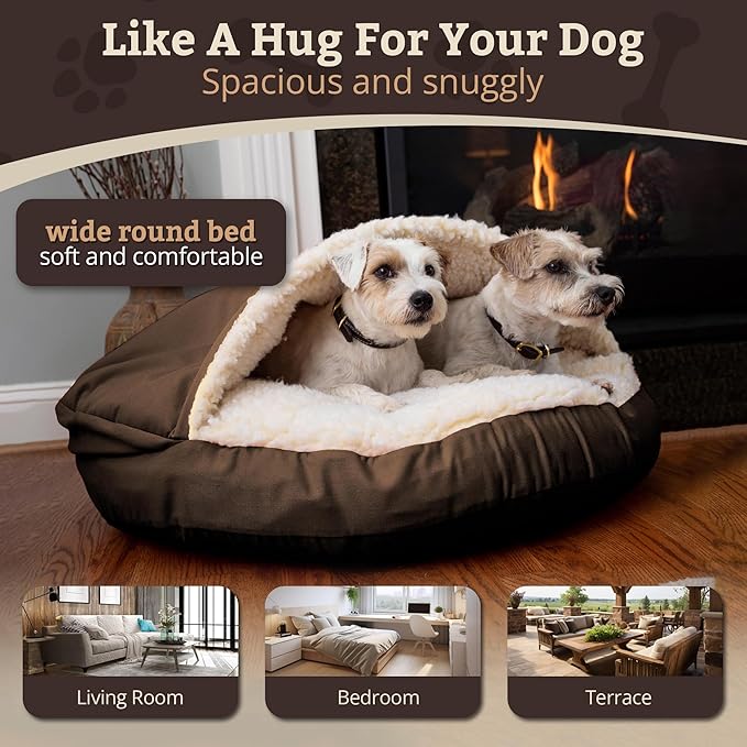 Snoozer Luxury Cozy Cave Dog Bed - Indoor Dog Bed with Cover Cave, Covered Calming Burrow for Medium & Large Sized Pets with Blanket Attached, Enclosed, Washable - XL, Hot Fudge