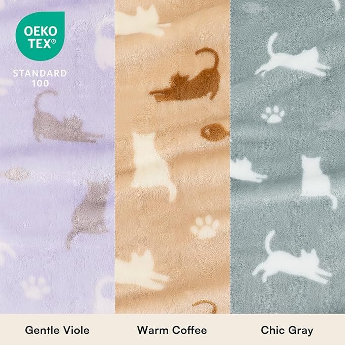 Luciphia 1 Pack 3 Blankets, Cute Cat Printed Fluffy Fleece Pet Blanket for Dogs Cats Washable, Warm Soft Throw Cover for Crate Couch, Gifts Puppy Essentials,Purple/Grey/Khaki, Small (23x16 inch)