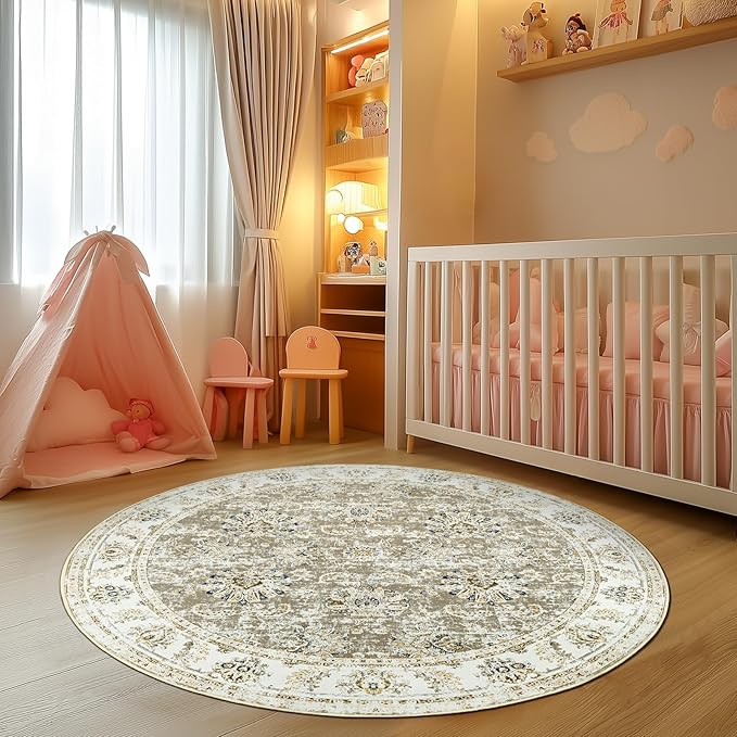 jinchan Round Rug 4ft Area Rugs Vintage Floral Distressed Design - Machine Washable Non-Slip Low-Pile Ultra-Thin Circle Rug for Entryway Bedside Living Room Dining Room Bedroom (4' Round,Taupe)