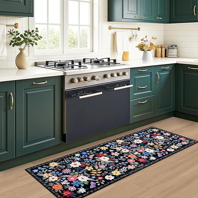 Runner Rug for Entryway: 2.6x8 Kitchen Rugs Non Slip Washable Ultra-Thin Soft Floral Carpet Indoor Floor Stain Resistant Carpets for Hallway Bedroom Kitchen Laundry Bathroom Dorm Black