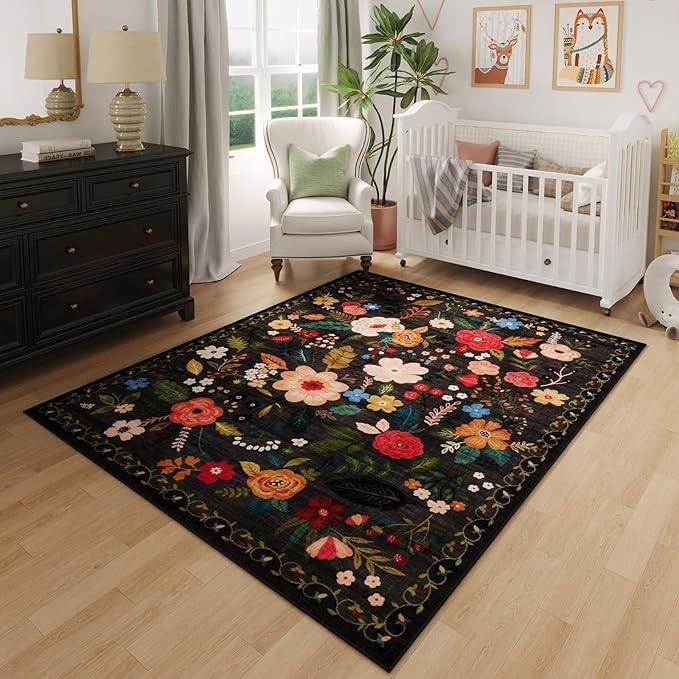 Rugcomf Area Rug 4x6 Rug Washable Boho Rugs Non Slip Low Pile Floral Small