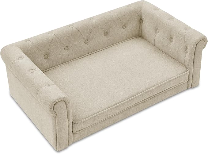 38.9" Elevated Dog Sofa with Button‑Tufted Backrest & Rolled Armrests, Pet Couch Bed with Removable Soft Cushion, Comfortable Upholstery Raised Dog Bed with Thick Padding for Living Room,Bedroom