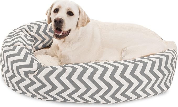 Majestic Pet 40 Inch Chevron Sherpa Calming Dog Bed Washable – Cozy Soft Round Dog Bed with Spine for Head Support - Fluffy Donut Dog Bed 40x29x9 (inch) – Round Pet Bed Large - GRAY