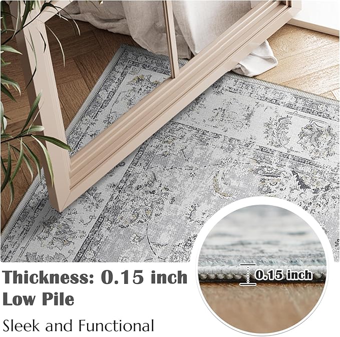 jinchan Floral 3x5 Area Rugs for Entryway - Machine Washable Taupe Vintage Distressed Design Doormat Non-Slip Ultra-Thin Low Pile Boho Rug for Kitchen Living Room Bedroom Farmhouse (3‘x5',Grey)