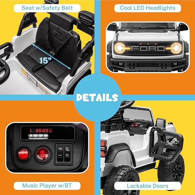 ENYOPRO Licensed Ford Bronco Raptor Electric Car for Kids, 12V Ride On Toys for Toddlers, Christmas Birthday Gifts Ride On Car for Kids Age 3-6 w/Remote Control, Bluetooth, LED Lights, 2 Speed (White)