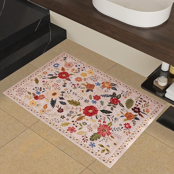 2x3 Washable Rug for Entryway, Floral Soft Small Area Rug, Non Slip Doormat Indoor Entrance Carpet, Flower Low Pile Front Door Throw Rug for Bedroom, Kitchen, Laundry, Bathroom, Pink/Beige
